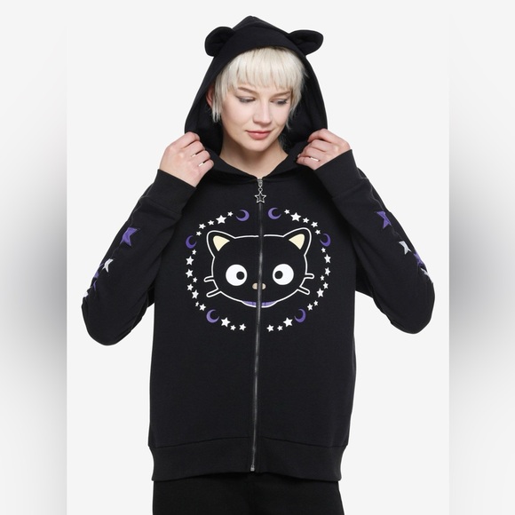 Sanrio Tops - Sanrio Chococat Celestial Black Cat Ears Moon Stars Zip Up Hoodie Size 2X💜